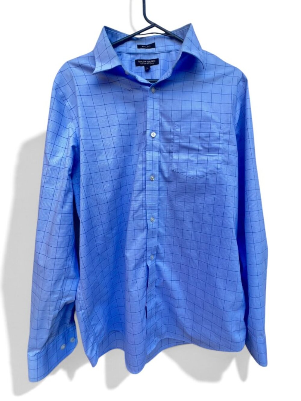 Banana Republic Slim Fit Non-Iron Dress Shirt Large Blue Windowpane Plaid